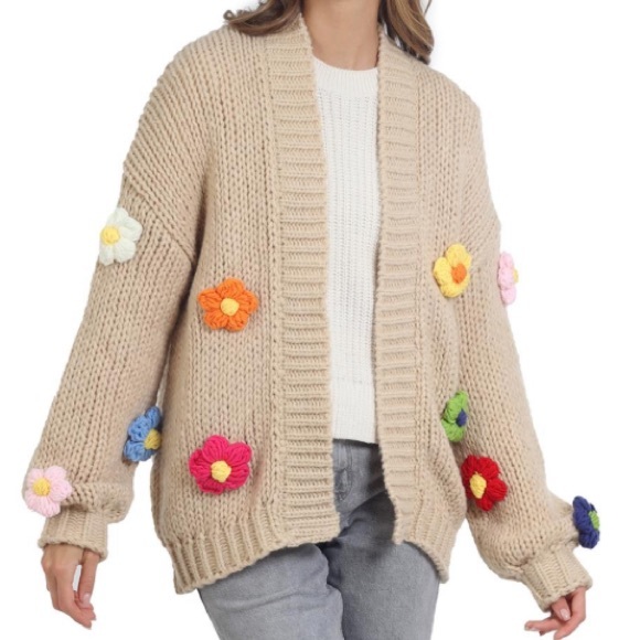 Fadivo Pom Crocheted flower cardigan open front cream knit one size